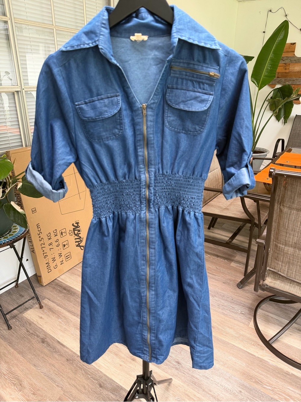 Denim Mini Shirtdress with Front Zip in Blue